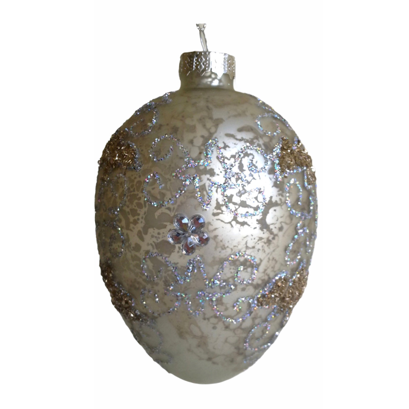 Mottled Silver Egg Ornament with Gold and Silver Detailing
