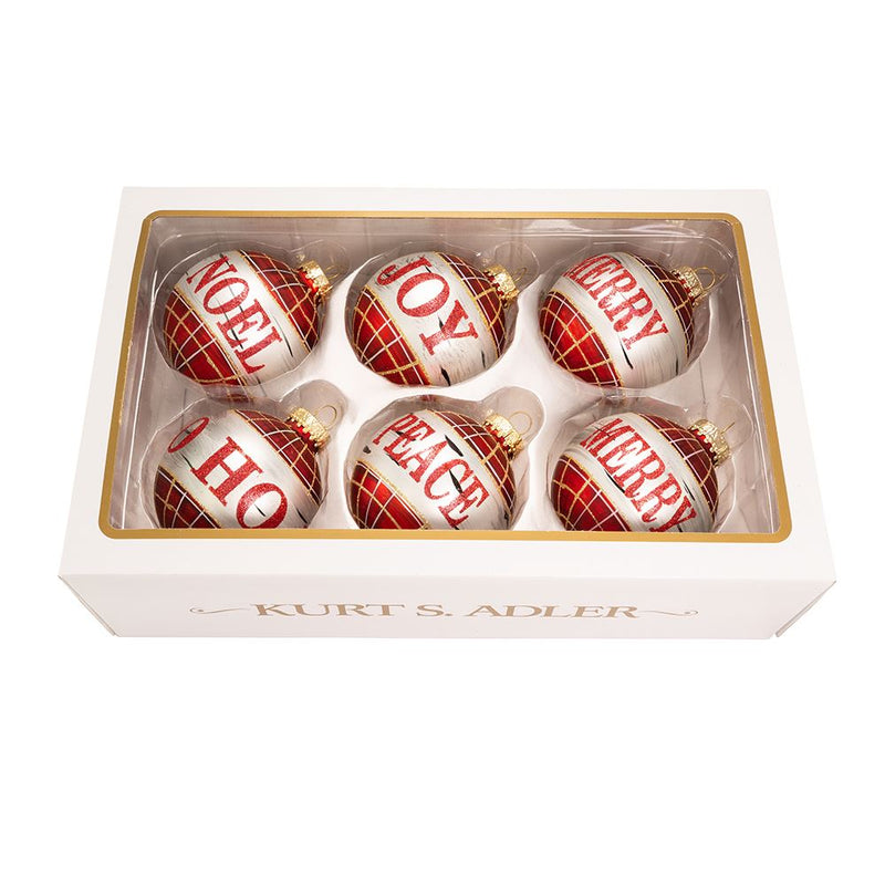 Kurt Adler Glass Black and Red Plaid Ball Ornaments With Sayings | Putti