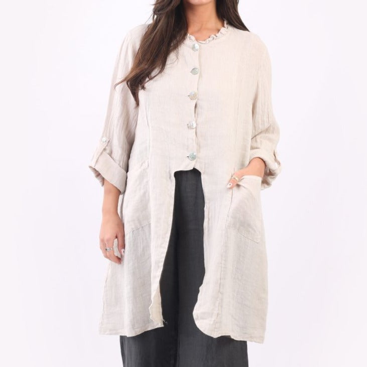 Button Down Tunic Vintage Washed Linen Jacket - Beige