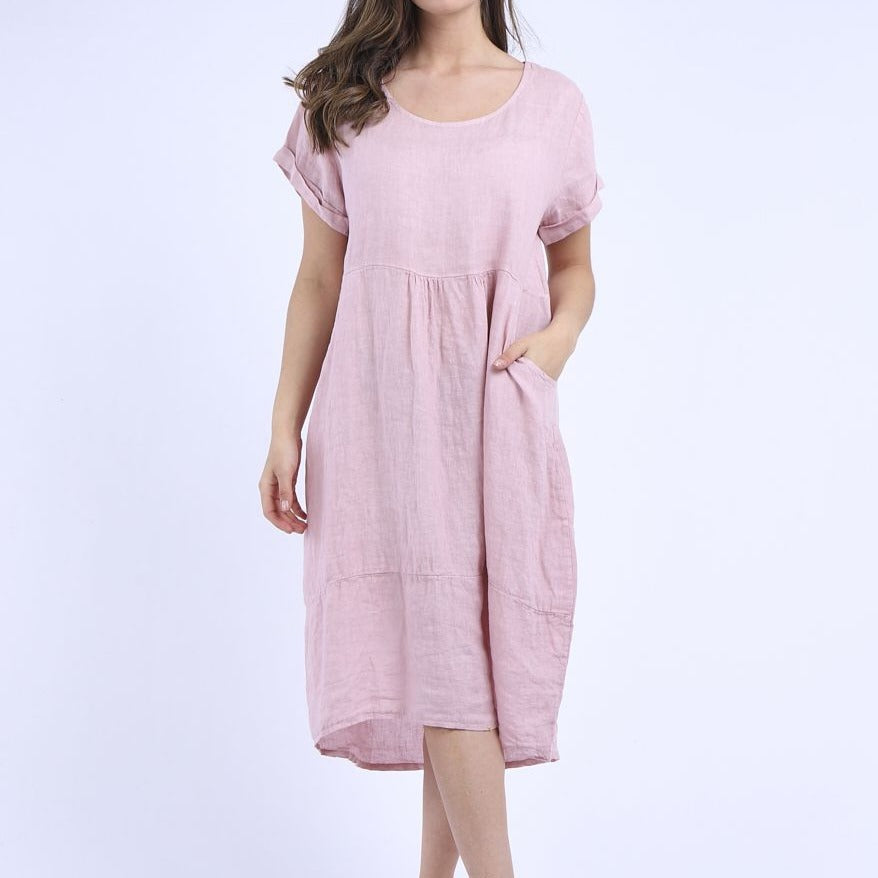Front Pockets Linen Dress - Pink