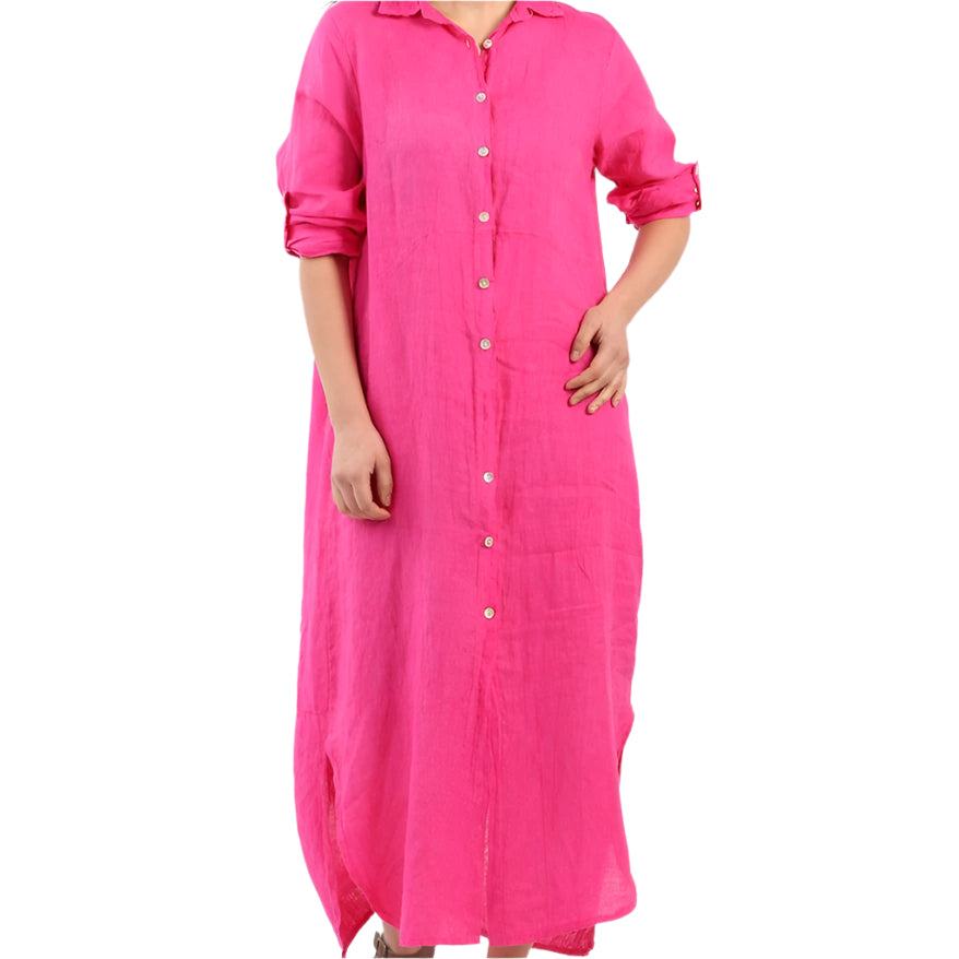 Button Front Long Linen Shirt Dress - Fuchsia