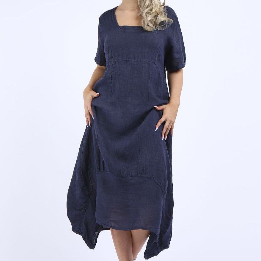 Linen Dress with Sleeves - Navy