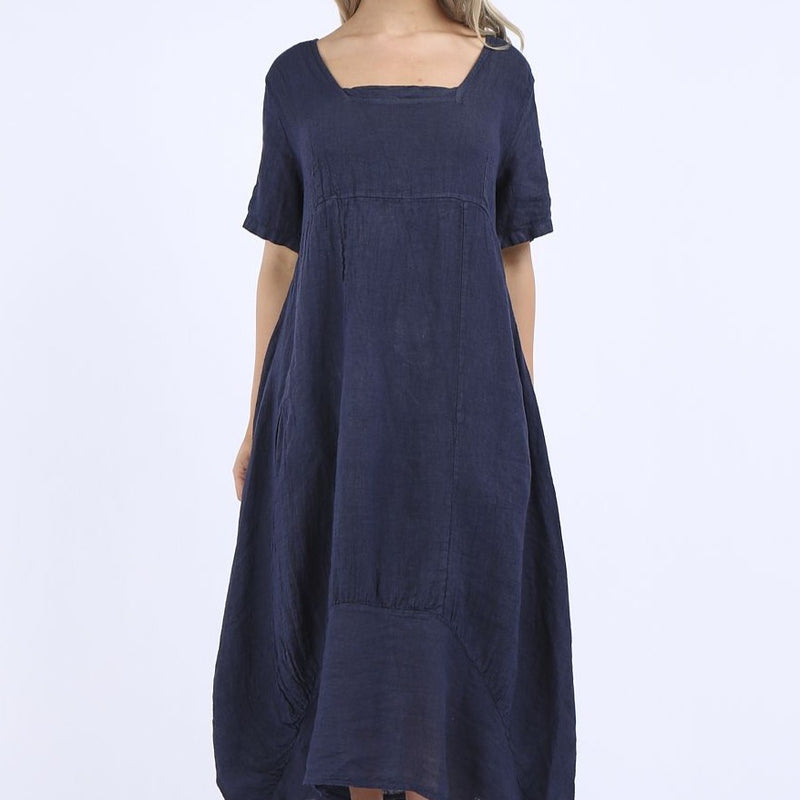 Linen Dress with Sleeves - Navy