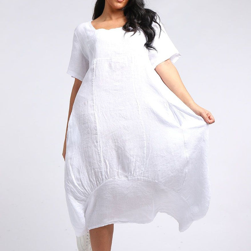 Linen Dress with Sleeves - White