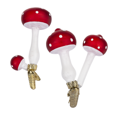 Double Red and White Toadstool Glass Clip Ornament