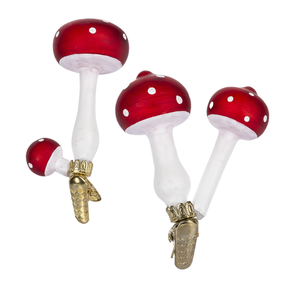 Double Red and White Toadstool Glass Clip Ornament