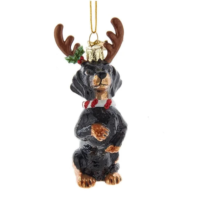 Kurt Adler Brown Daschund with Antlers Glass Ornament | Putti Christmas