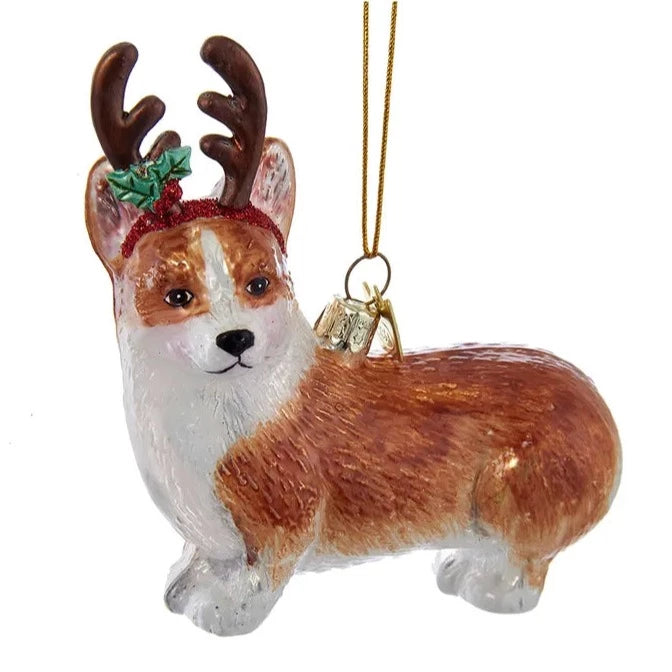 Kurt Adler Pembroke Welsh Corgi with Antlers Glass Ornament | Putti Christmas