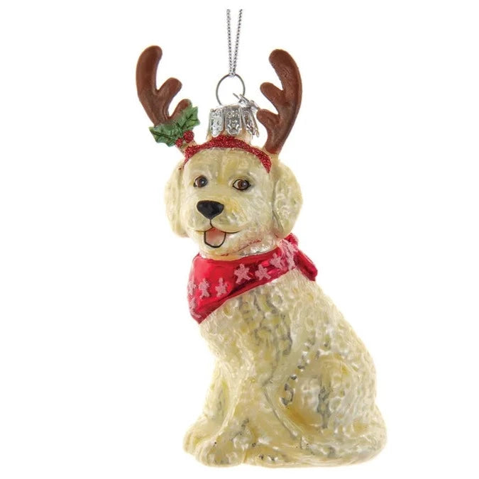 Kurt Adler Golden Doodle with Antlers Glass Ornament - Putti Christmas