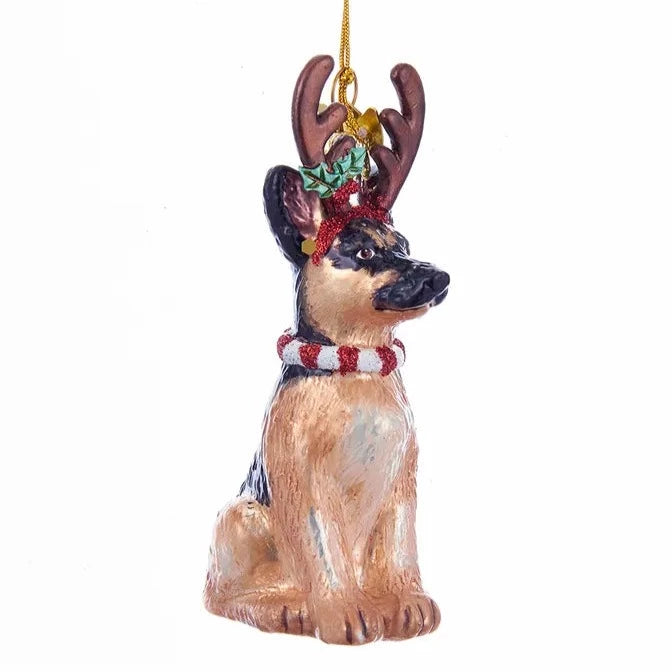 Kurt Adler German Shepherd with Antlers Glass Ornament | Putti Christmas