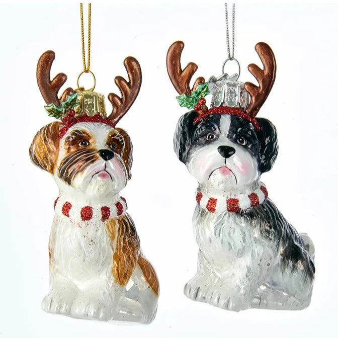 Kurt Adler Black Shih-Tzu with Antlers Glass Ornament | Putti Christmas