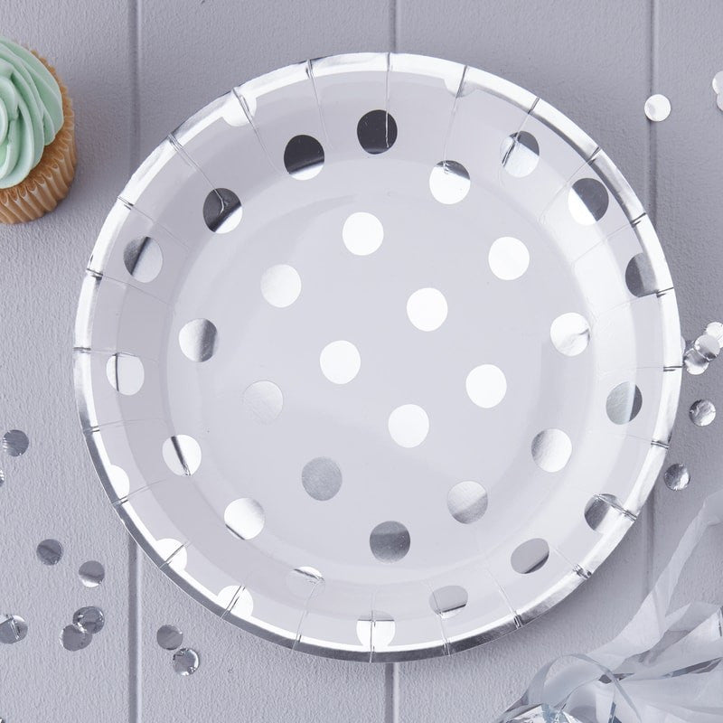  Polka Dot Paper Plates -Silver Foil, GR-Ginger Ray UK, Putti Fine Furnishings