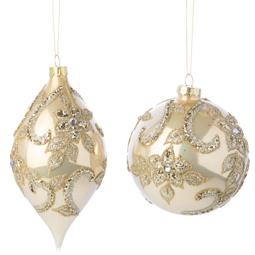 Shiny Pale Gold with Beaded Acanthus Glass Ornament