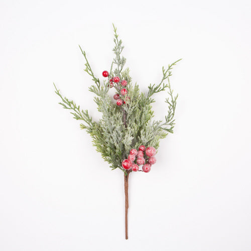 Frosted Faux Cedar and Red Berry Branch Pick