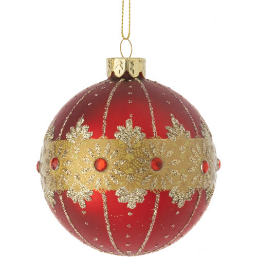 Matte Red with Gold and Red Cabochons Glass Ball Ornament