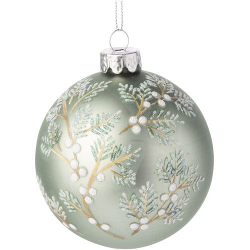 Sage Green with Pine Boughs Glass Ornament | Putti Christmas Decorations