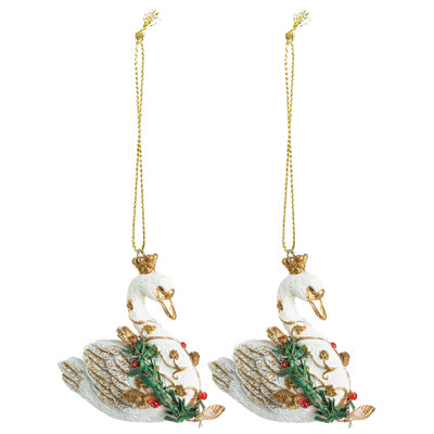 White Resin Swan with Crown and Wreath |  Putti Christmas Canada