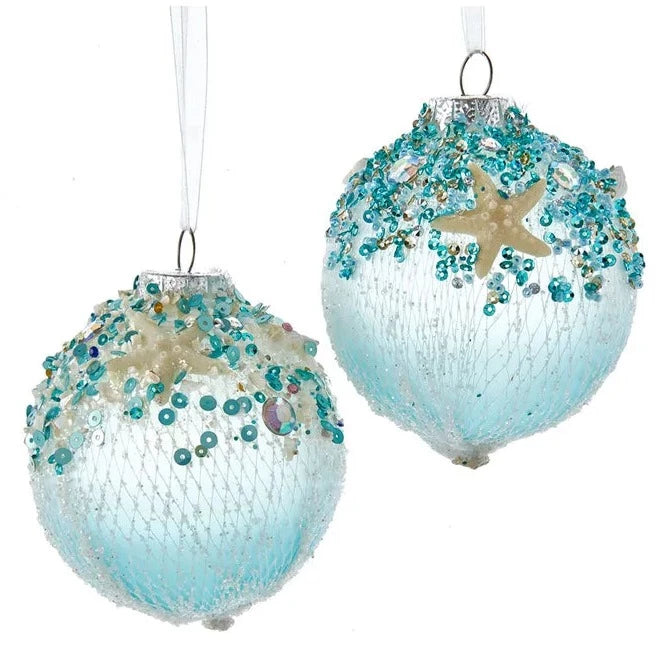 Blue Glass Net Ball with Shells | Putti Christmas Canada 