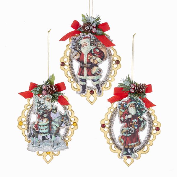 Vintage Santa Scroll With Red Bow and Pinecone Ornaments | Putti Christmas
