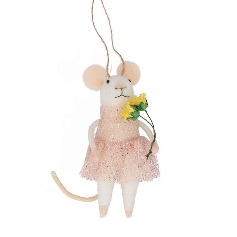 Mouse with Pink Sparkle Dress and Flowers Felt Ornament