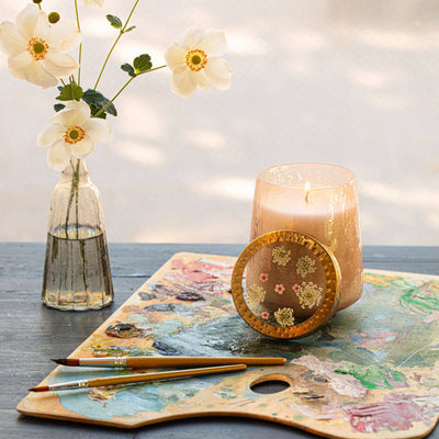 Rosy Rings - Rose + Oud Tall Watercolor Pressed Floral Candle