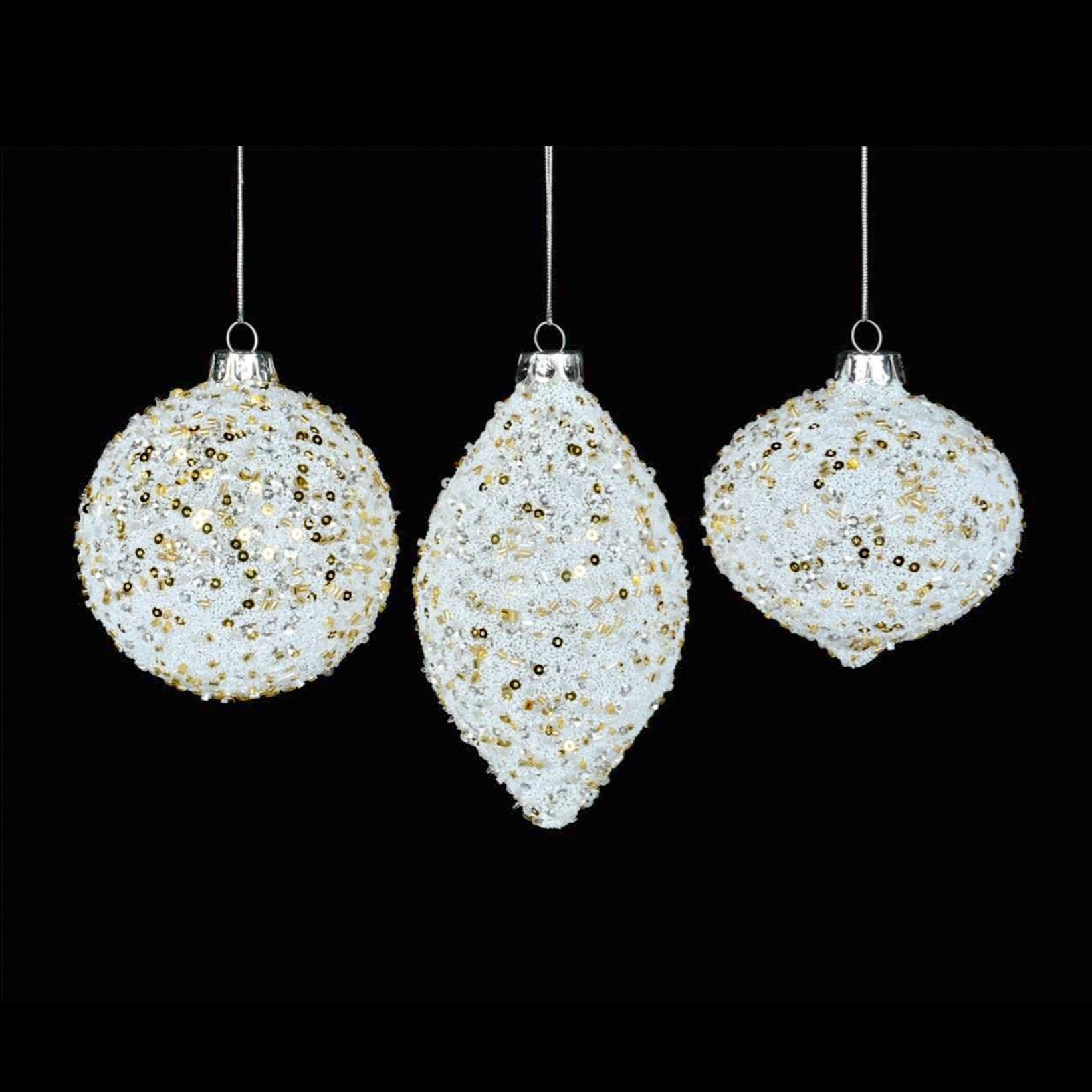 White Glitter with Gold Sequin Glass Ornament