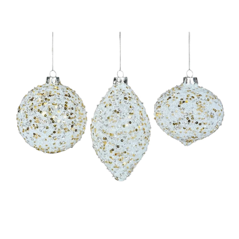 White Glitter with Gold Sequin Glass Ornament