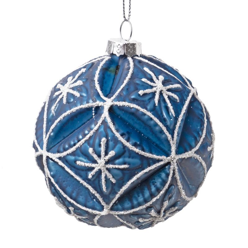 Navy Blue Embossed with White Flower Pattern Glass Ball Ornament | Putti Christmas 