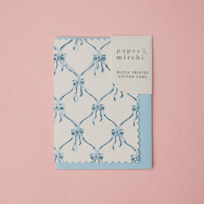 Hand Block Printed Greeting Card - Blue Bows Alaska