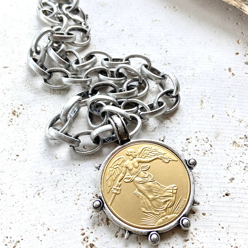 French Angel Medalion Coin Necklace