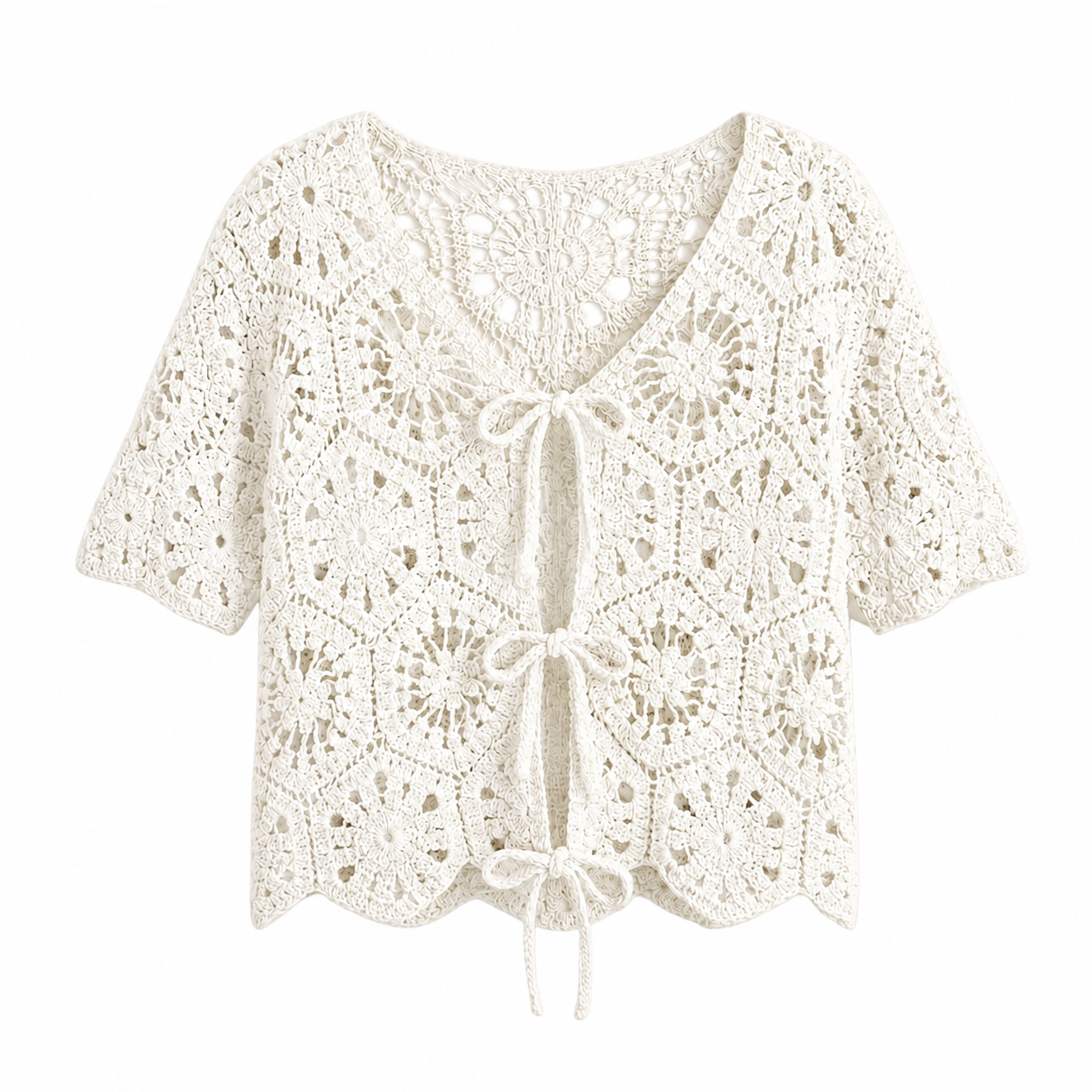 Crochet Short Sleeve Cardigan - White