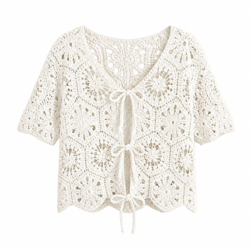 Crochet Short Sleeve Cardigan - White