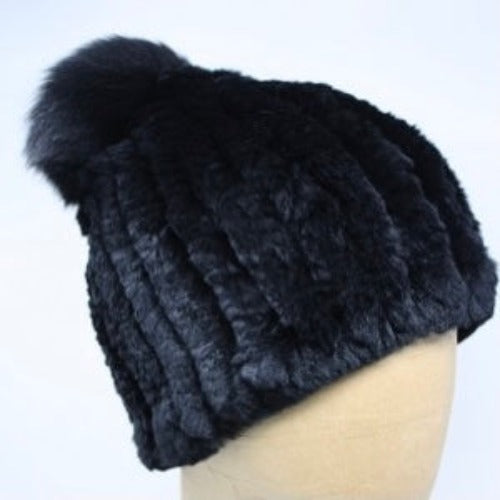 Knit Fur Hat with Pom Pom - Black