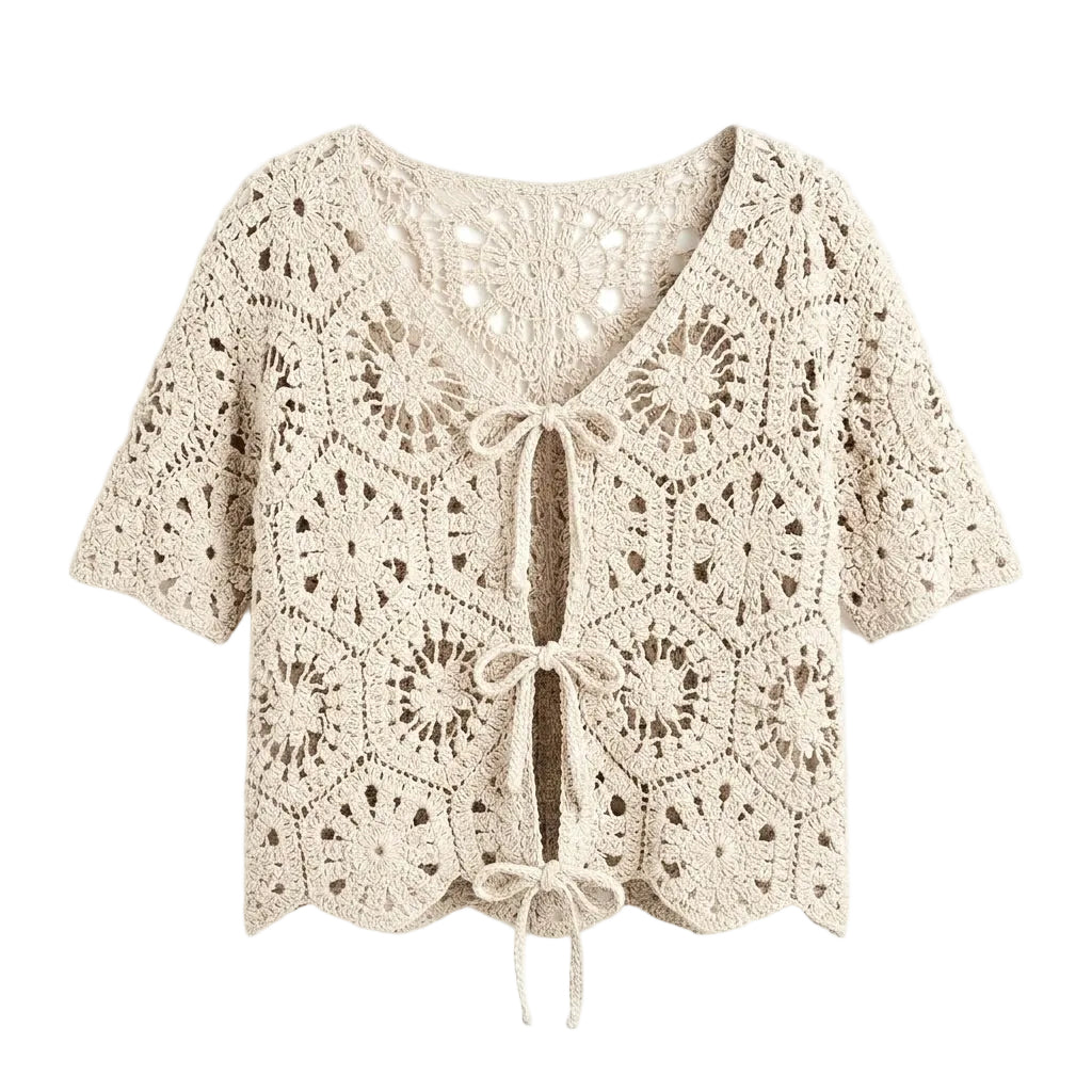 Crochet Short Sleeve Cardigan - Natural