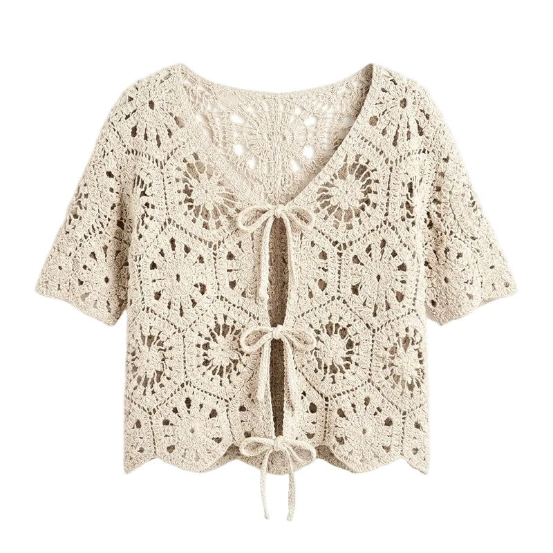 Crochet Short Sleeve Cardigan - Natural