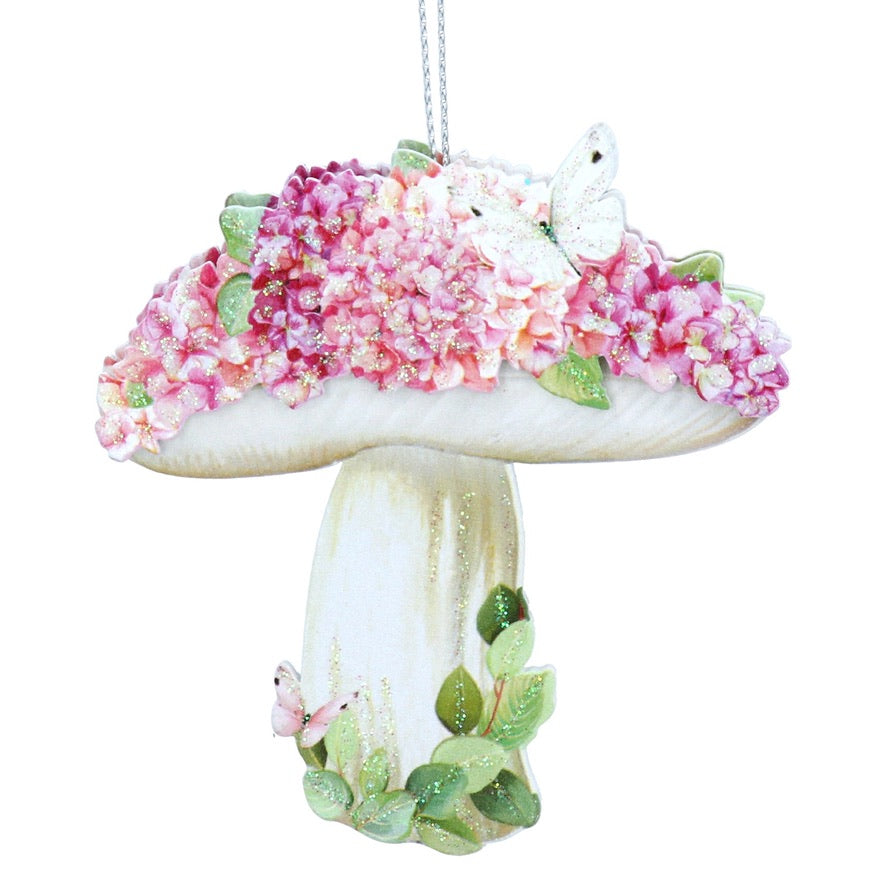 Toadstool with Pink Hydrangea Wood Ornament