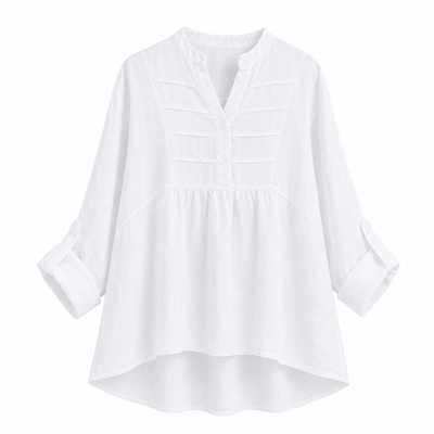 Plain Pleated Front Dip Hem Linen Tunic Top - White