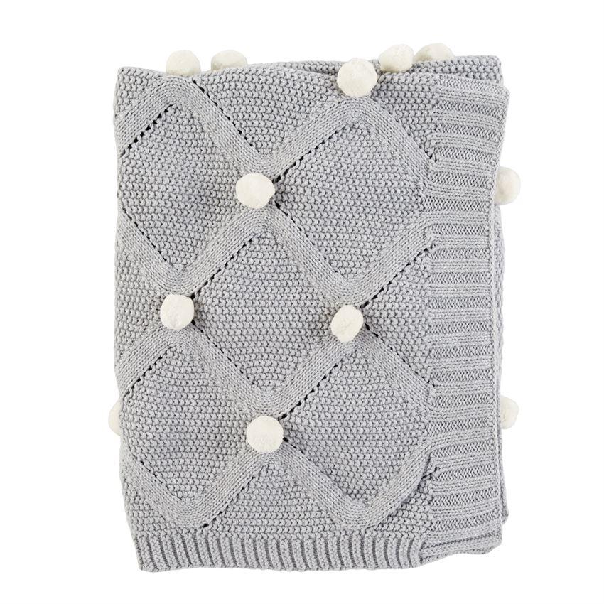 Mud Pie Classic Pom Pom Baby Blanket - Grey