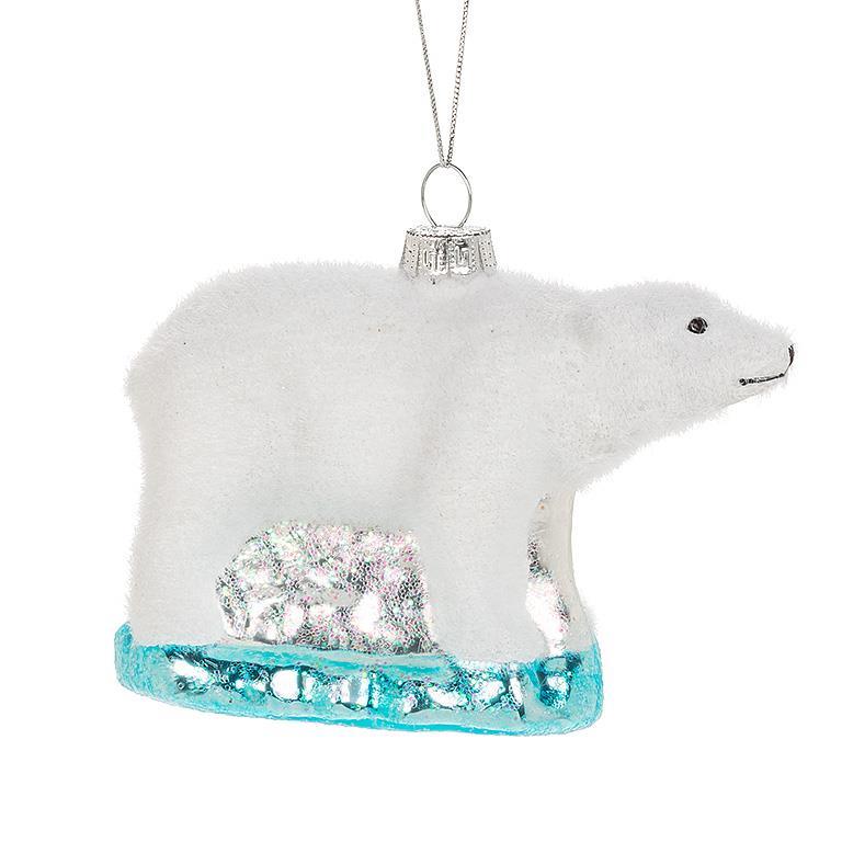 Flocked Polar Bear Glass Ornament | Putti Christmas Canada 