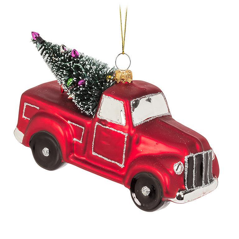 Red Truck with Tree Glass Ornament
