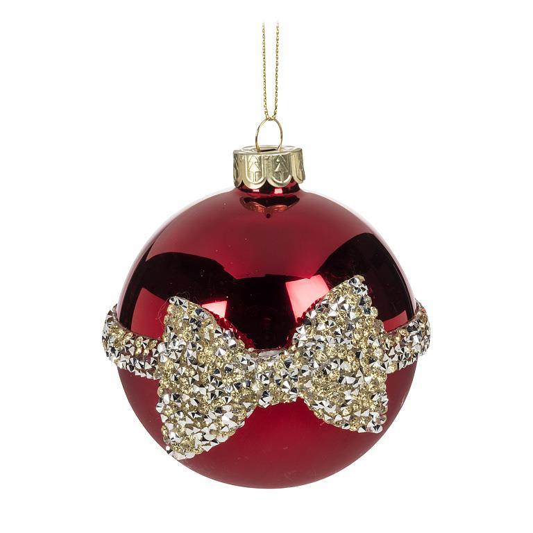 Red Matte & Shiny Ball Ornament with Jewelled Bow | Putti Christmas Decorations