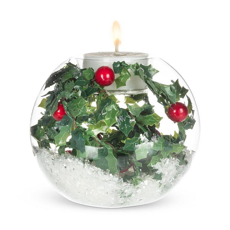 Holly and Snow Glass Ball Votive | Putti Christmas Decorations 