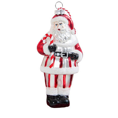 Peppermint Santa with Candy Cane  Glass Ornament