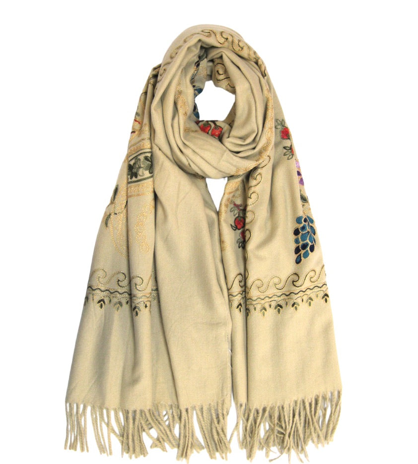 Cashmere Blend Embroidery Grape Pattern Scarf - Beige | Putti Fine Fashions