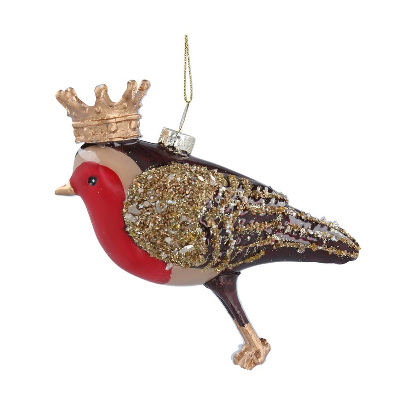 Robin with Crown Glass Ornament