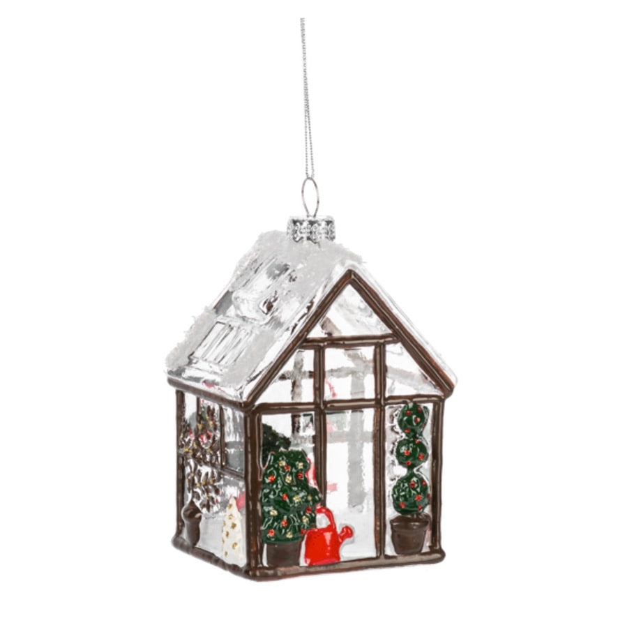 Greenhouse Glass Ornament with Red Watering Can | Putti Christmas Decorations 