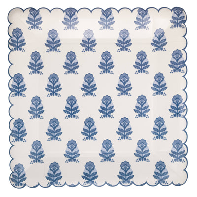Blue Flower Block Print Square Paper Plate