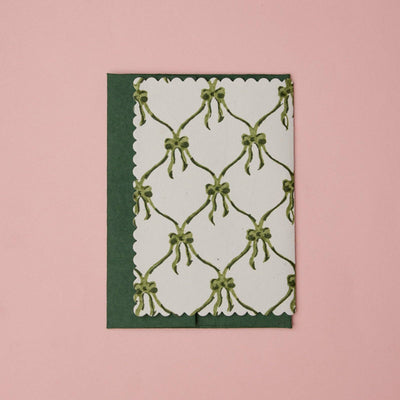 Hand Block Printed Greeting Card - Bows Holly Green
