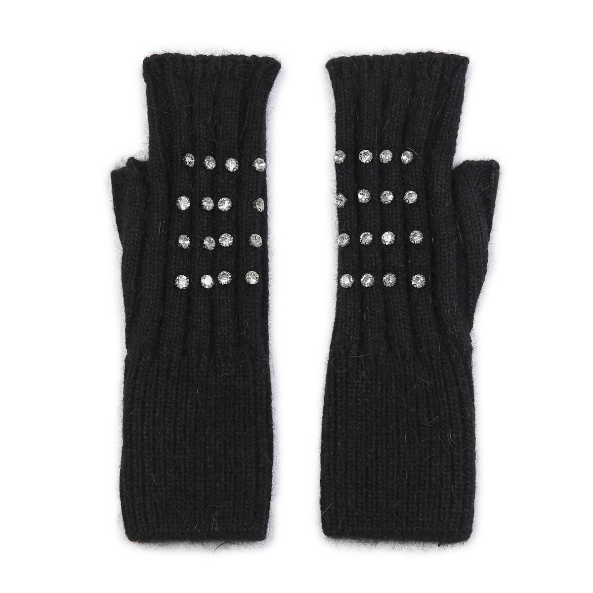 Crystal Studded Knitted Fingerless Gloves - Black