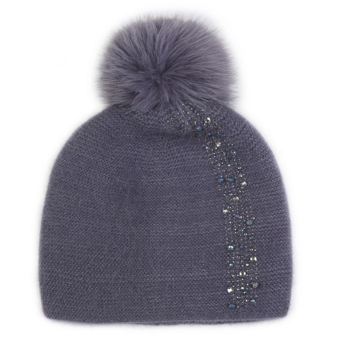 Sparkle Embellished Pompom Hat - Grey